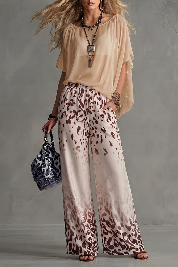 Safari Glam Draped Blouse & Ombre Leopard Wide-Leg Trousers Set-Consonak