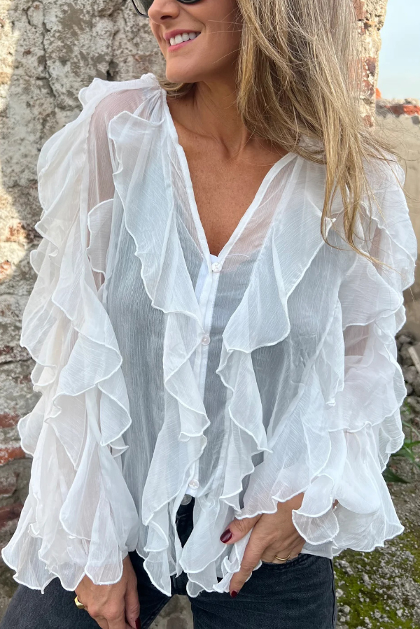 Solid Color Chiffon Ruffled V-neck Patchwork Top-consonak