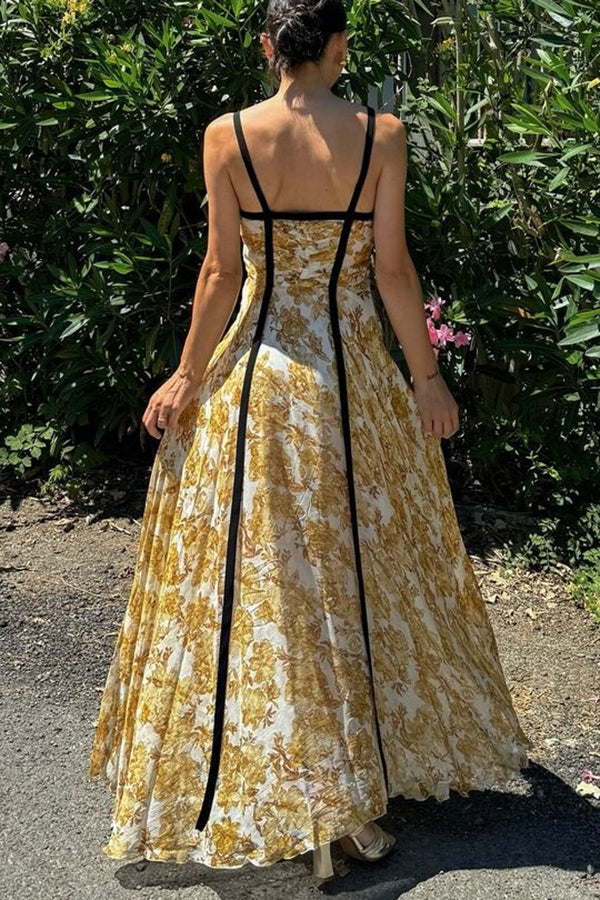 Violet Contrast Unique Print Pleated Backless Strappy Maxi Dress-consonak