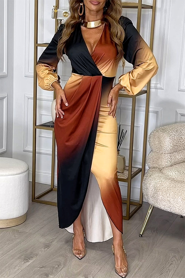 Romantic Sunset Gradient Print Ruched Balloon Sleeve Slit Maxi Dress-consonak