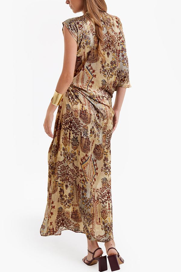 Cassie Satin Unique Print One Shoulder Ruched Waist Asymmetrical Hem Maxi Dress