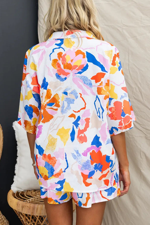 Viva La Travel Unique Print Loose Button Shirt and Elastic Waist Shorts Set-consonak