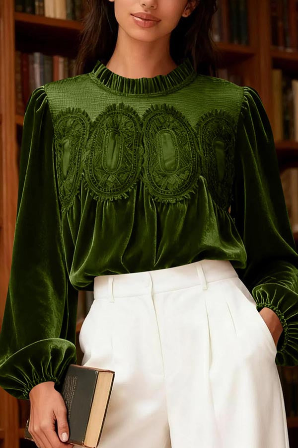 Fashionable Velvet and Lace Patchwork Loose Long-sleeved Top-consonak