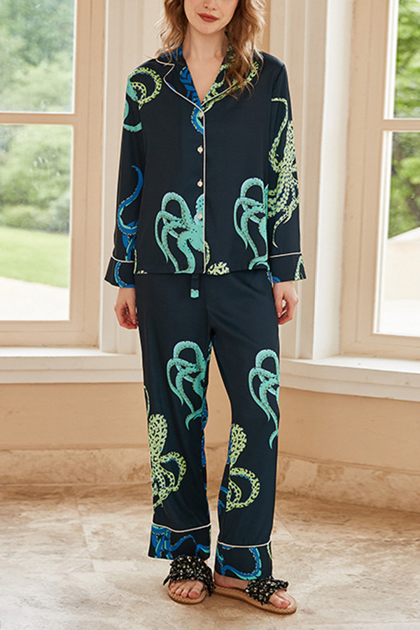 Black Octopus Print Home Long-sleeved Two-piece Set-consonak