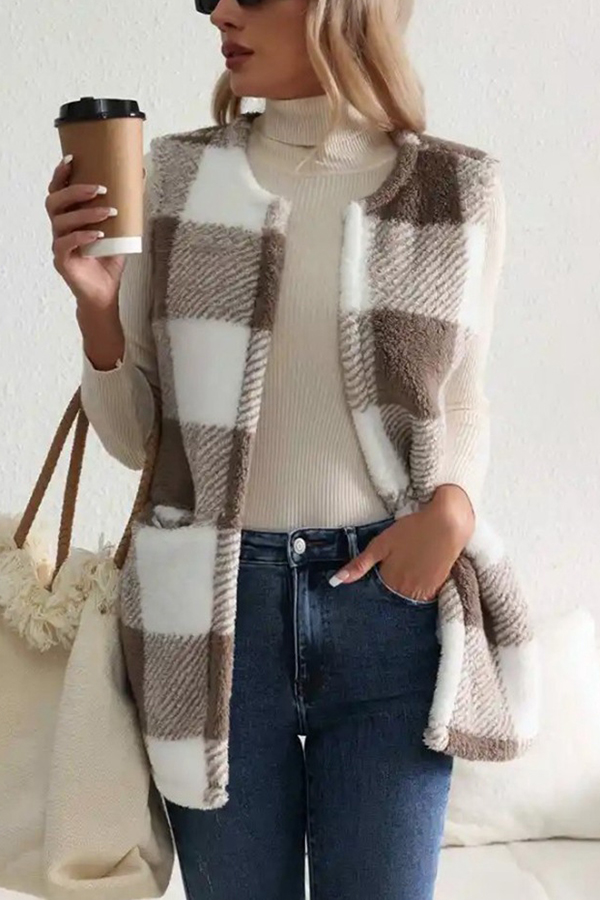 Fashionable Plaid Loose Pocket Sleeveless Jacket-consonak