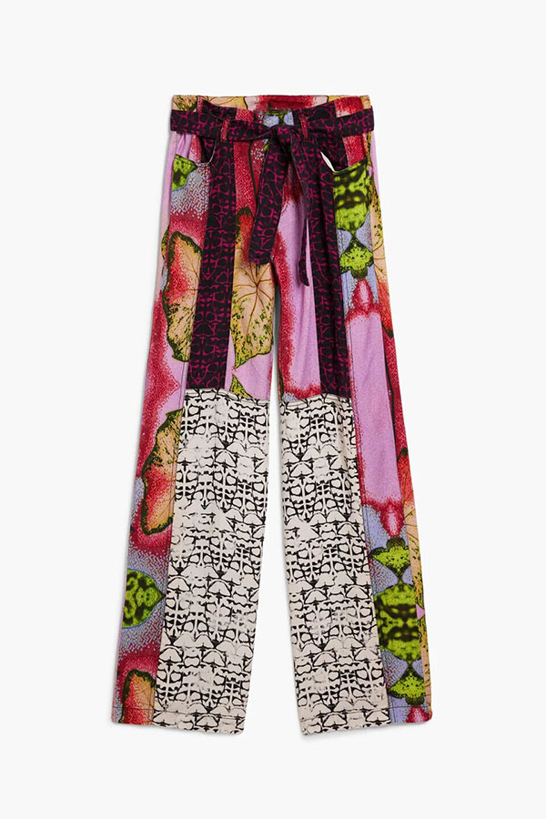 Fashion Patchwork-style Print Mid Rise Elastic Waist Pocket Straight Drape Pants