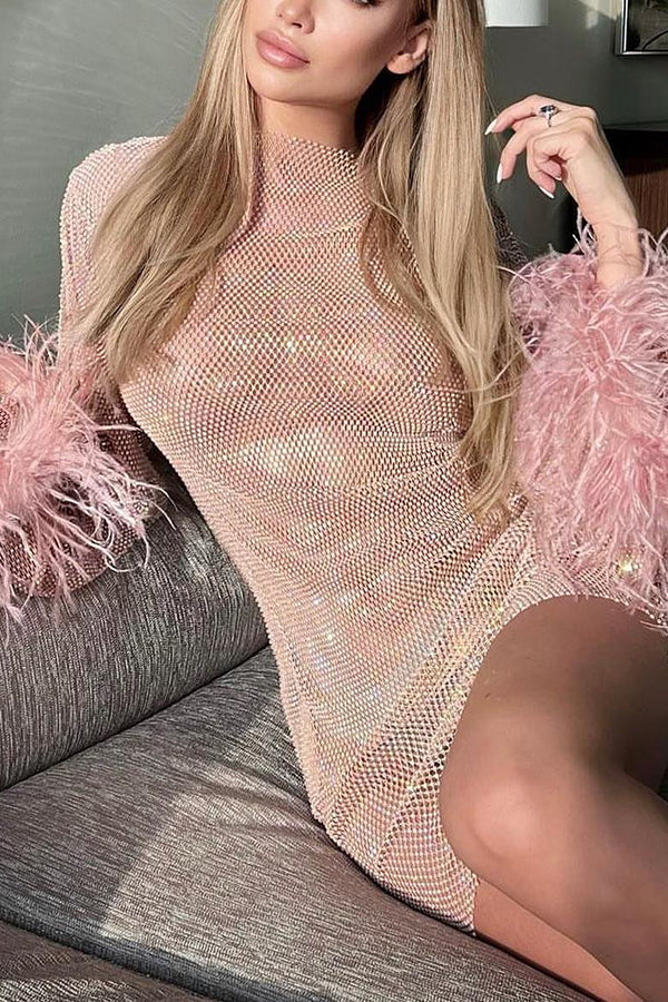 Night Surprise Rhinestone Fabric Feather Sleeve Party Mini Dress | Consonak