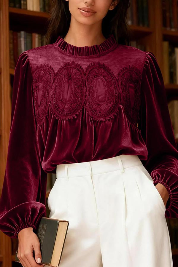 Fashionable Velvet and Lace Patchwork Loose Long-sleeved Top-consonak