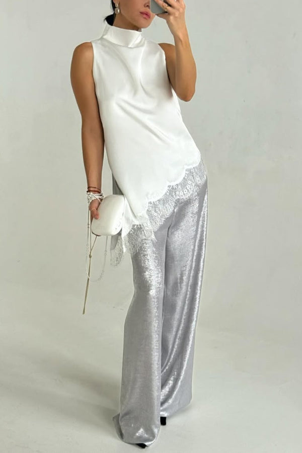 Solid Color Satin Spliced lace Sleeveless Irregular Casual Top