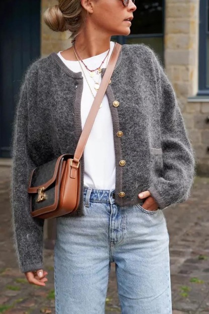 Cafe Couture Knit Metal Buttons Pocketed Shaggy Cardigan-consonak