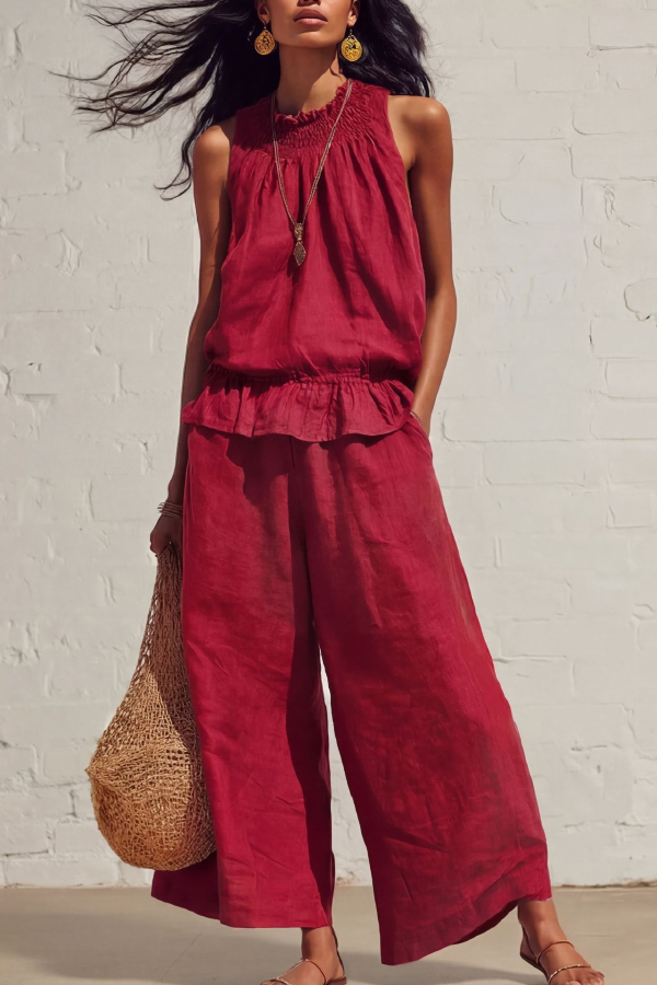 Linen Blend Round Neck Sleeveless Ruffled Top and Elastic Waist Casual Pocket Wide-leg Pants Set-Consonak