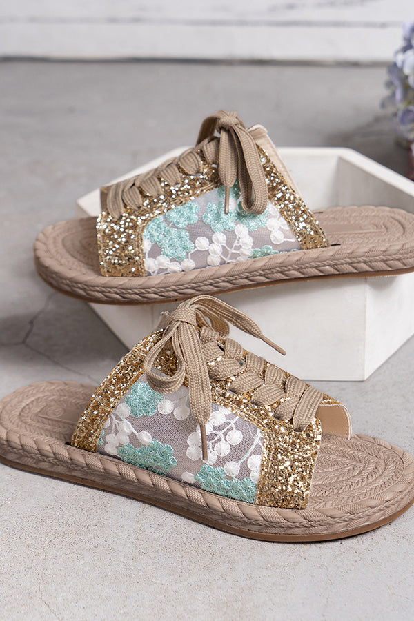 Sequined Mesh Embroidered Casual Strappy Flat Slippers-consonak