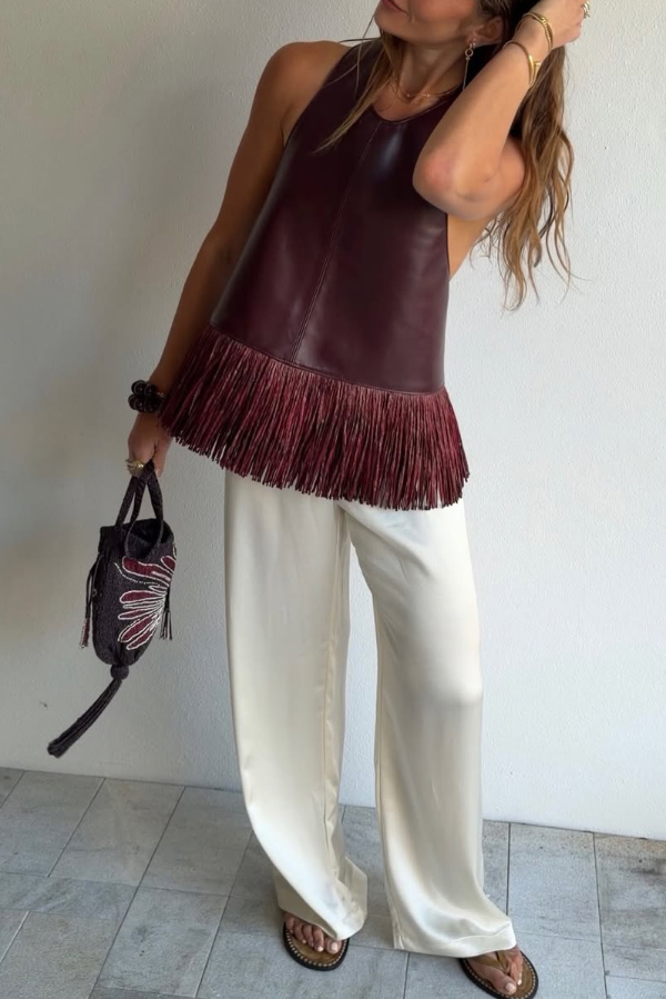 Stylish Halter Neck Sleeveless Leather Tassel Loose Top | Consonak