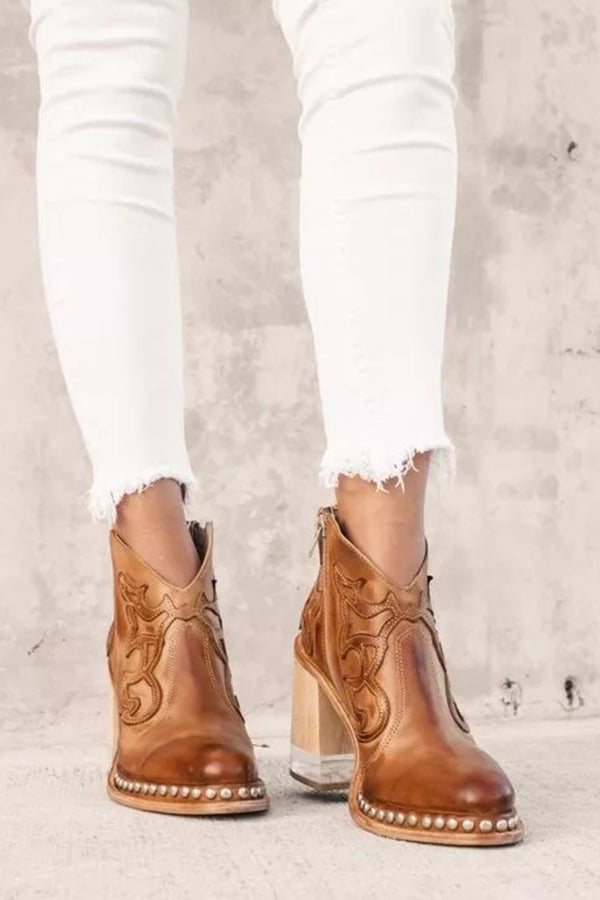 Stylish Embroidered Rivet Welt Acrylic Crystal High Heel Boots | Consonak
