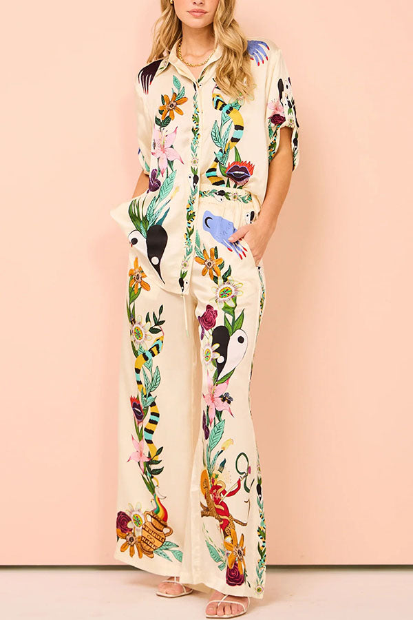 Modern Sophisticated Feel Satin Unique Print Button Down Oversized Blouse-consonak