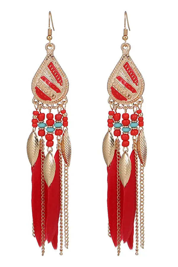 Boho Vintage Colorful Feather Tassel Dangle Drop Earrings-consonak