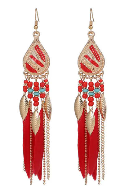 Boho Vintage Colorful Feather Tassel Dangle Drop Earrings-consonak