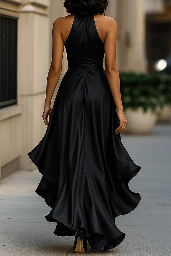 Solid Color Satin V-neck Sleeveless Elegant Ruffle Maxi Dress | Consonak