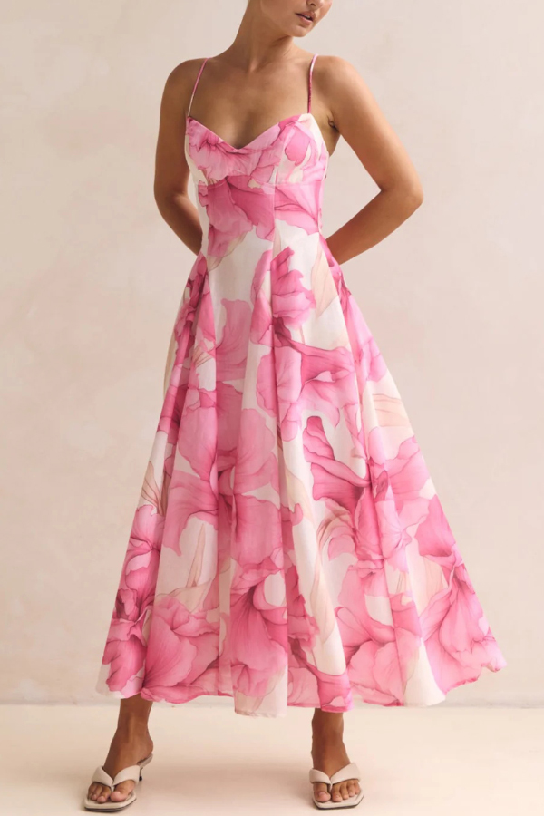 Floral Print Spaghetti Strap Backless Holiday Maxi Dress-consonak
