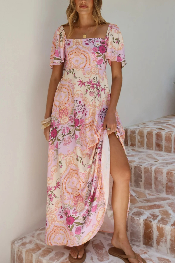 Plant Print Short-sleeved Square Neck Casual Pocket Holiday Midi Dress-consonak