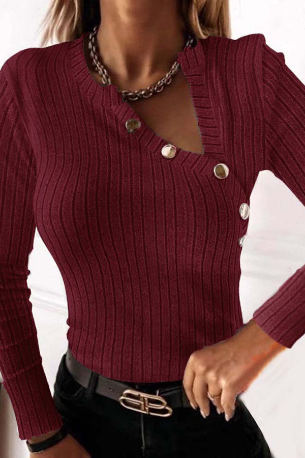 Fashionable Long-sleeved V-neck Metal Button Slim Fit Top-consonak