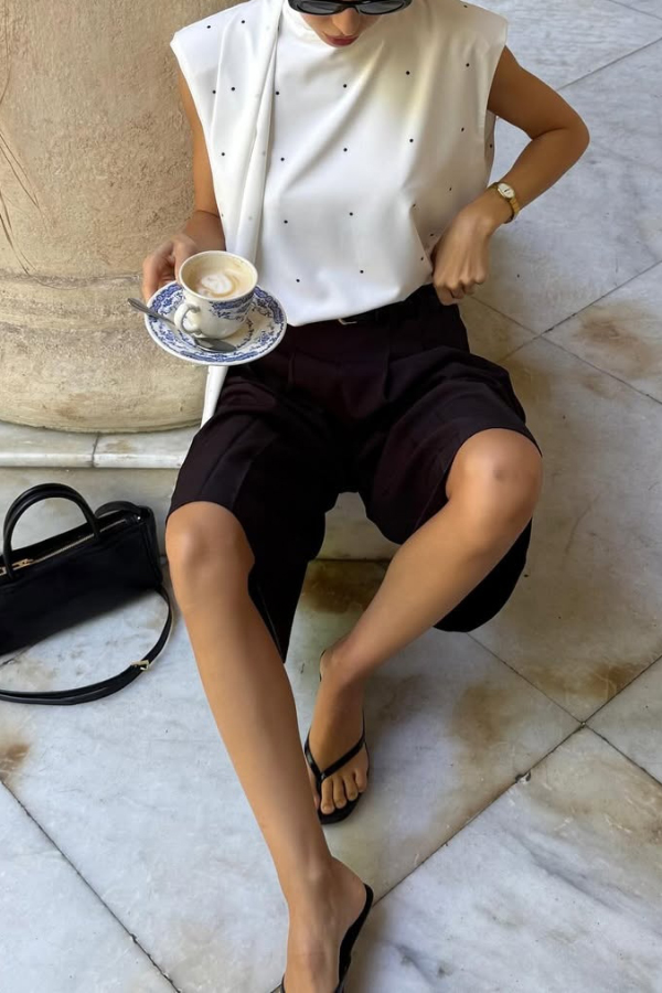 Polka Dot Print Open Backless Stand Collar Sleeveless Ribbon Top