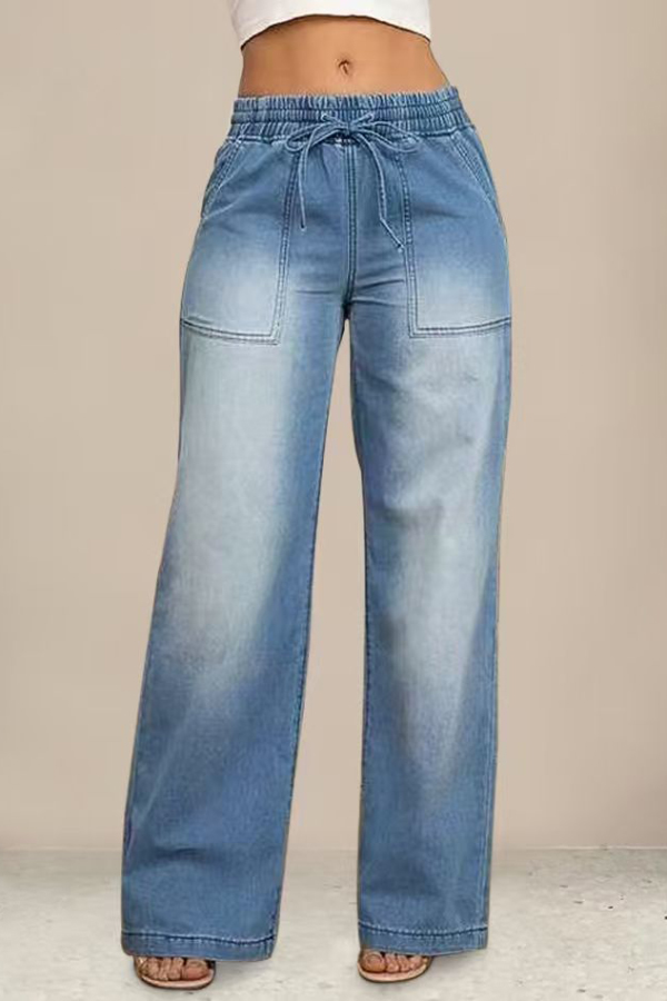 Stylish Elastic Waist Drawstring Pocket Casual Straight Wide-leg Jeans | Consonak