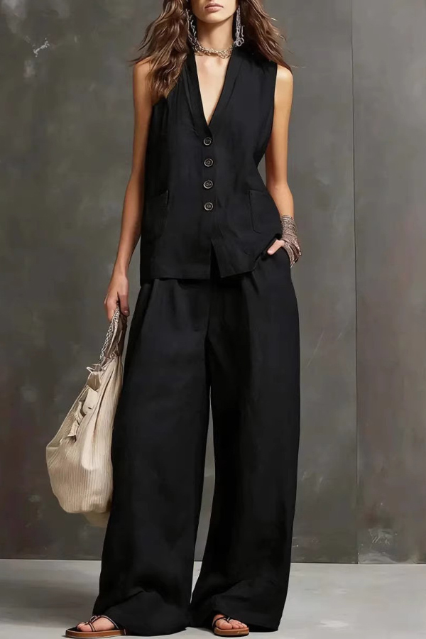 Linen Blend V-neck Sleeveless Button-down Vest and Casual Elastic Waist Pocket Wide-leg Pants Set-Consonak