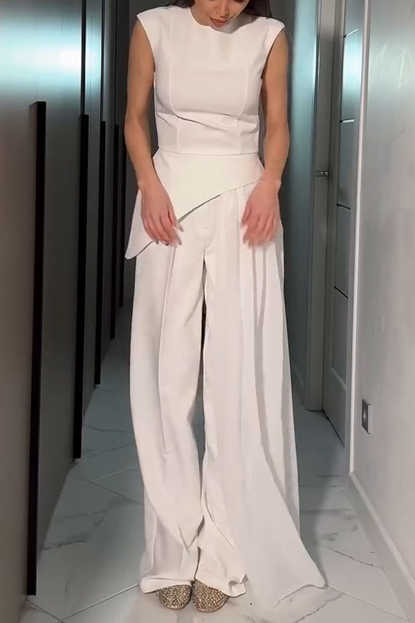 Cecily Short Sleeve Drape Tulle Hem Top and High Waist Pocket Wide Leg Pants Set-consonak