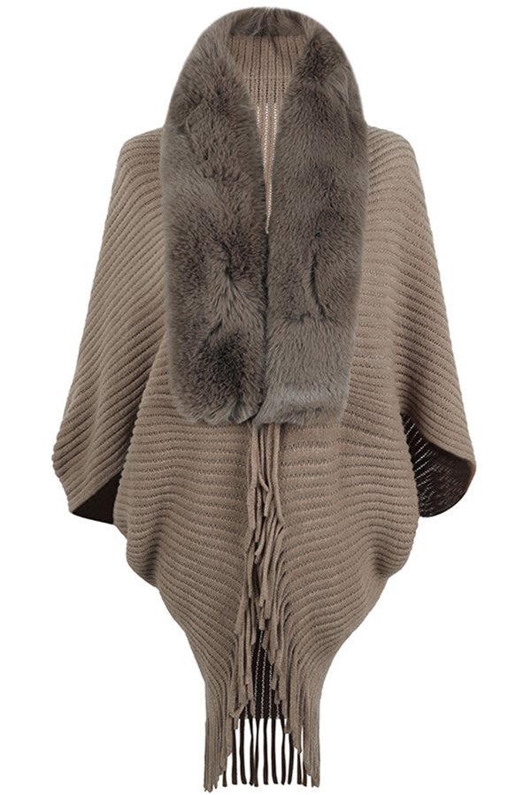 Fashionable Fur Collar Tassel Hem Knitted Shawl Cape-consonak