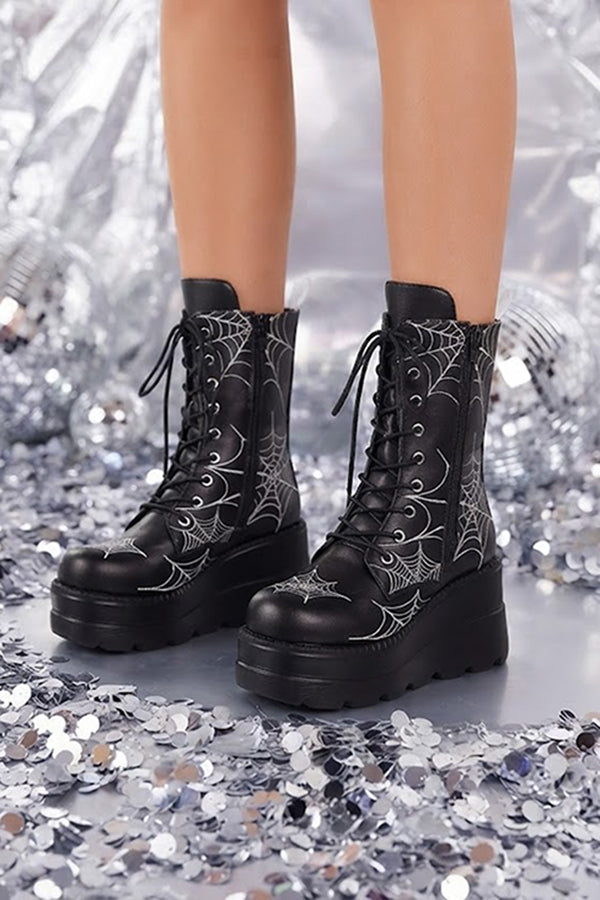 Platform Ankle Boots with A Spiderweb Pattern-Consonak