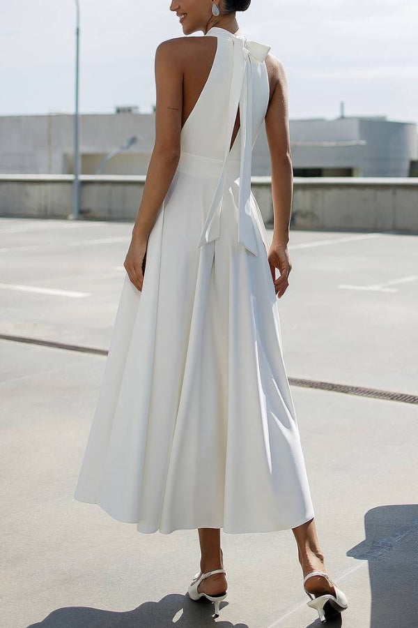 Solid Color Halter Neck Bow Tie Elegant Waist-cinching Midi Dress-consonak