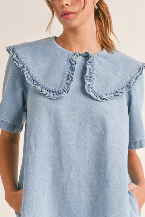 Solid Color Loose Short-sleeved Casual Ruffled Denim Mini Dress | Consonak