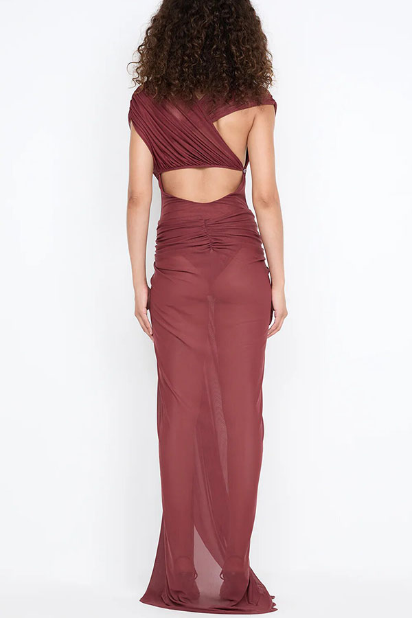 Leia Tulle Pleats and Knotted Detail Drape Slit Maxi Dress-consonak