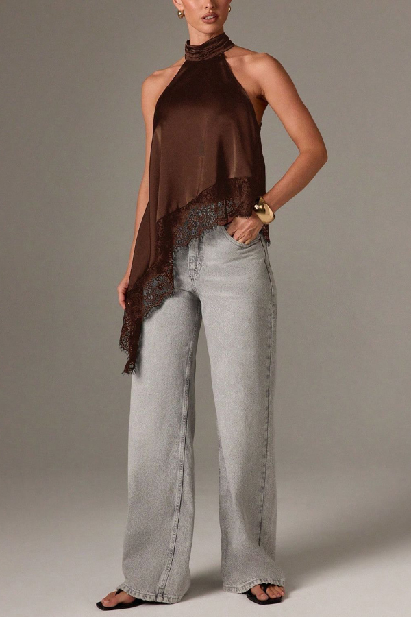 Solid Color Satin Sleeveless Lace Hem Loose Top