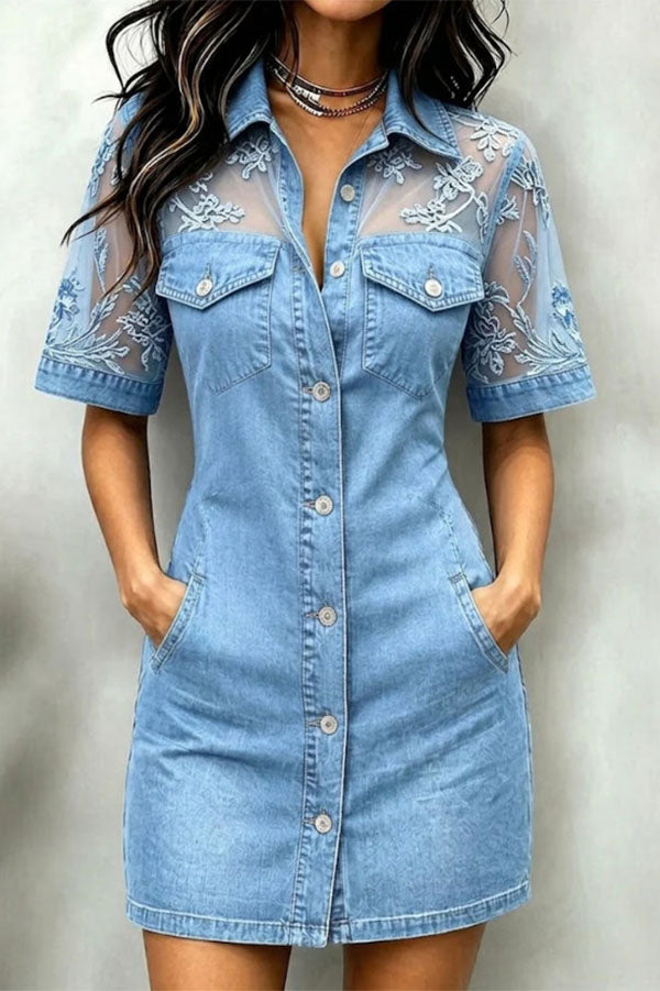Embroidered Lace Mesh Panel Denim Mini Dress-Consonak
