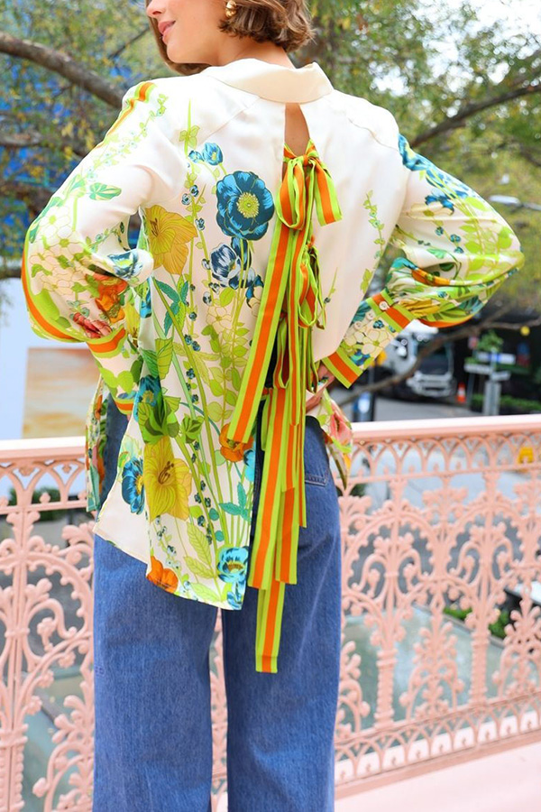 Antibes Satin Floral Print Back Tie-up Button Down Oversized Blouse-consonak