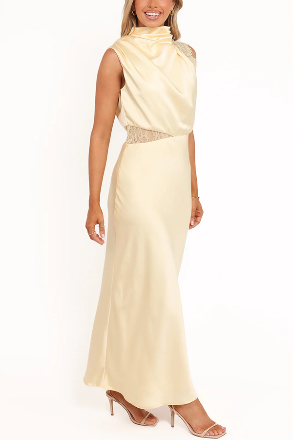 Touch of Allure Satin Drape High Neck Lace Detail Maxi Dress