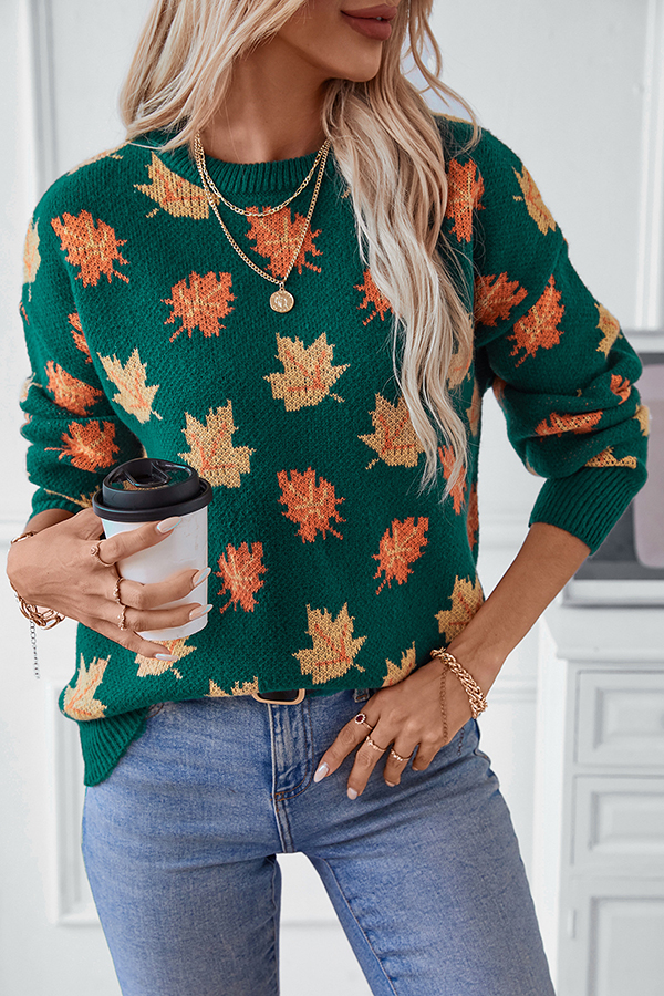 Maple Leaf Pattern Casual Loose Knitted Sweater-consonak