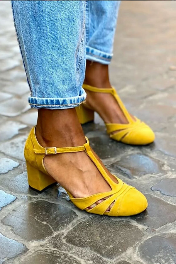 Color-blocked Faux Suede Chunky Heel Sandals-Consonak