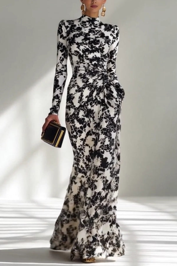 Black and White Color-blocked Printed Long-sleeved Pocket Slim-fit Pleated Maxi Dress | Consonak