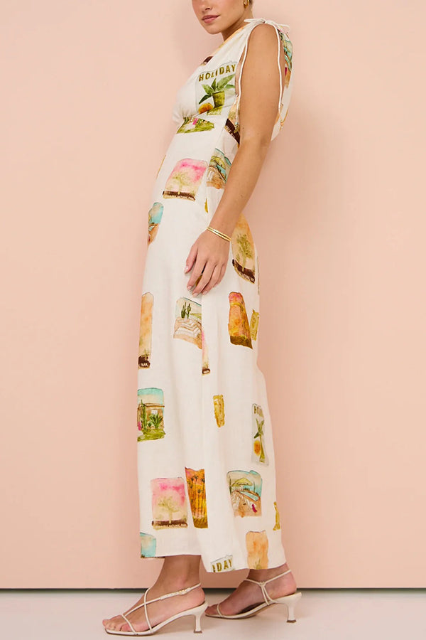 Art Summer Linen Blend Unique Print Drawstring Shoulder Loose Maxi Dress-consonak