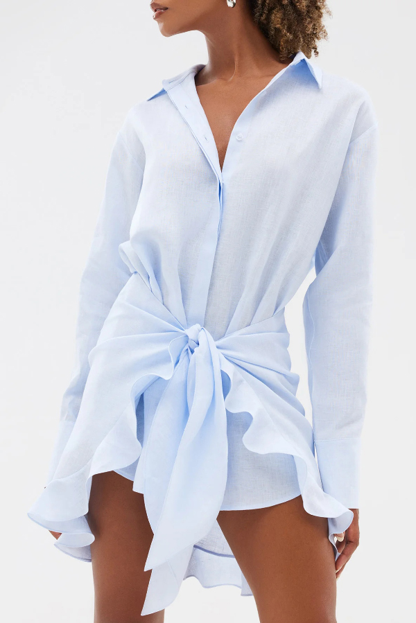 Solid Color Collared Long-sleeved Casual Shirt Style Lace Up Vacation Mini Dress | Consonak