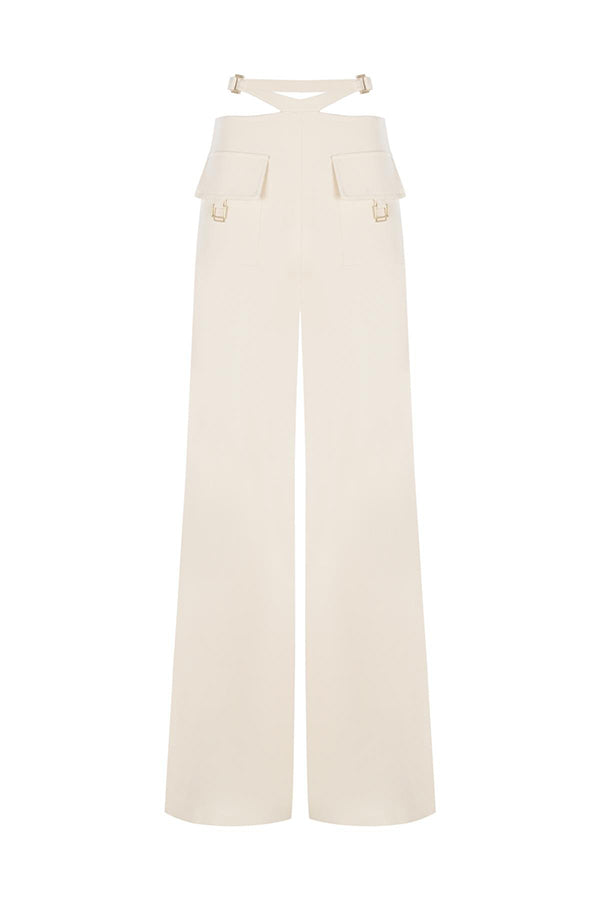 Leia High Neck Button Bell Sleeve Top and Cutout Waist Metal Pocketed Flare Pants Set-consonak