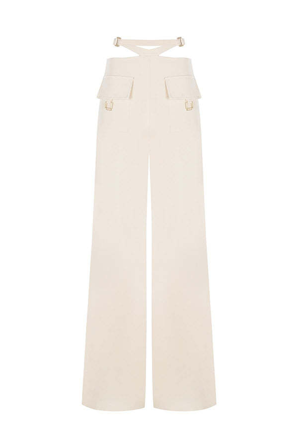 Leia High Neck Button Bell Sleeve Top and Cutout Waist Metal Pocketed Flare Pants Set-consonak