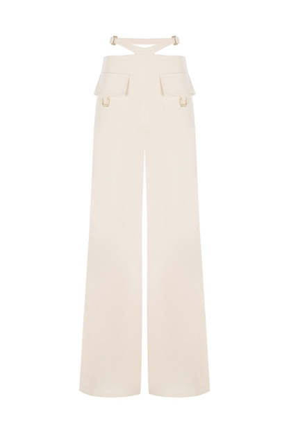 Leia High Neck Button Bell Sleeve Top and Cutout Waist Metal Pocketed Flare Pants Set-consonak