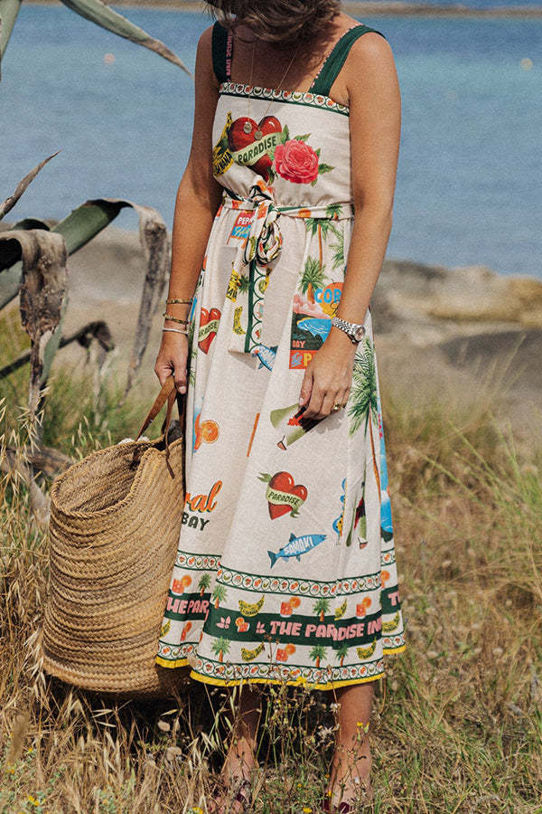 Summer Vibes Linen Blend Unique Print Smocked Belt Midi Dress-consonak