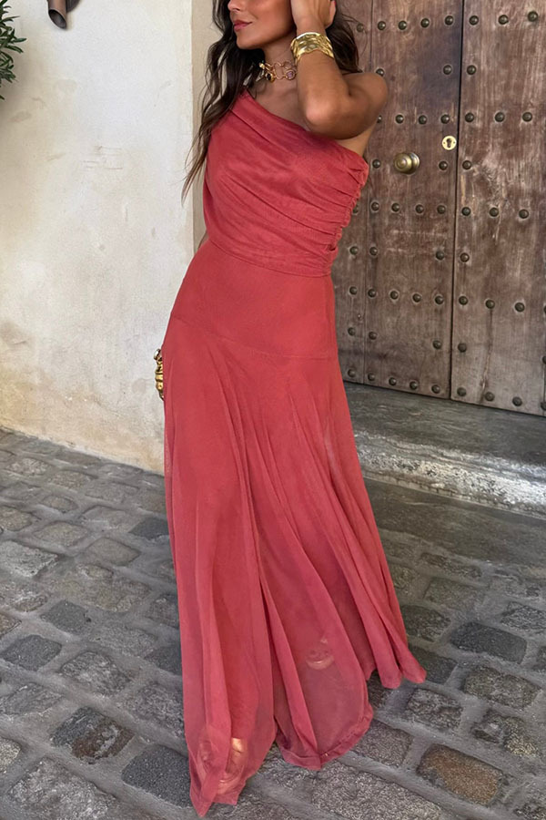 In My Arms Mesh Ruched Strapless Paneled Drape Flare Maxi Dress