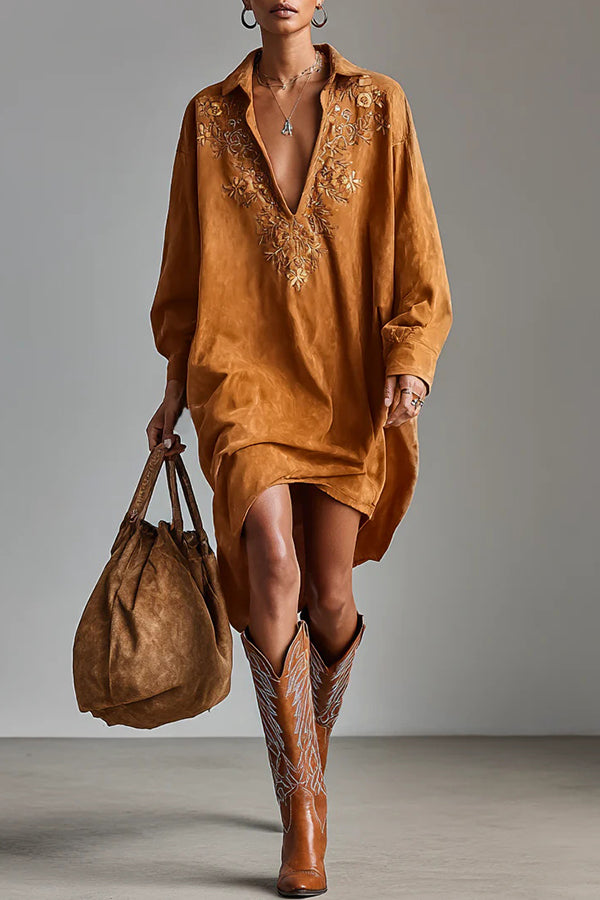 Fashionable Embroidered Loose Suede Long-sleeved Casual Mini Dress-consonak