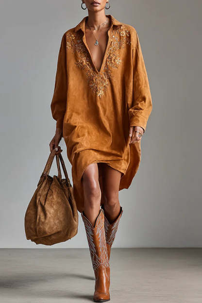 Fashionable Embroidered Loose Suede Long-sleeved Casual Mini Dress-consonak